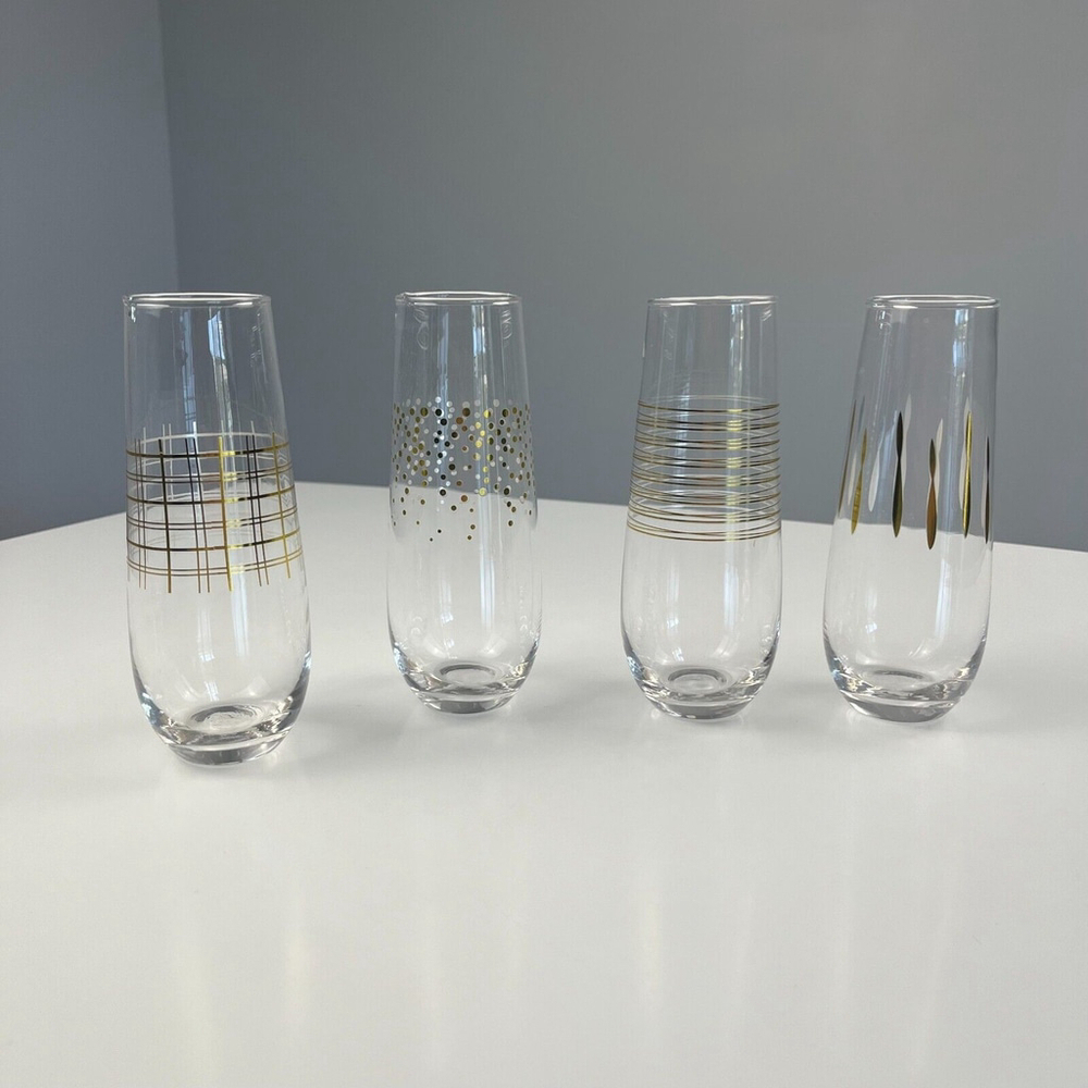 Hand blown glass champagne flute wine glasses set of 4 gold detail stemless